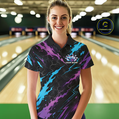 Custom Blue And Purple Lightning Bowling Women Polo Shirt, Bowling Team League Shirt IPHW12038