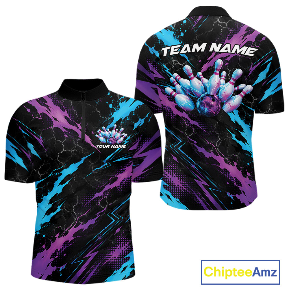 Custom Blue And Purple Lightning Bowling Men Quarter Zip Shirt, Bowling Team League Shirt IPHW12038