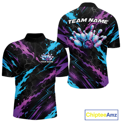 Custom Blue And Purple Lightning Bowling Men Quarter Zip Shirt, Bowling Team League Shirt IPHW12038