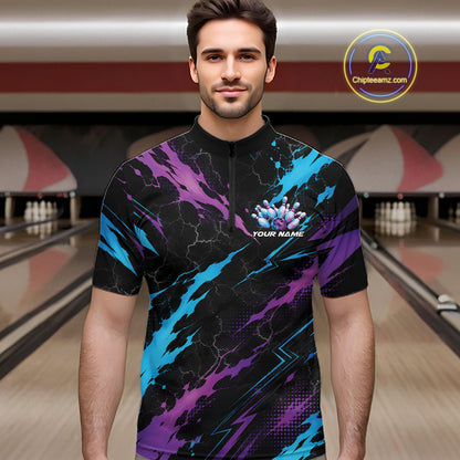 Custom Blue And Purple Lightning Bowling Men Quarter Zip Shirt, Bowling Team League Shirt IPHW12038