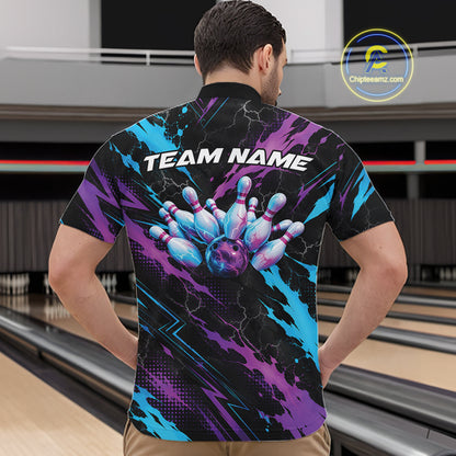 Custom Blue And Purple Lightning Bowling Men Quarter Zip Shirt, Bowling Team League Shirt IPHW12038