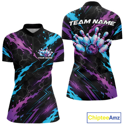 Custom Blue And Purple Lightning Bowling Women Quarter-Zip Shirt, Bowling League Shirt IPHW12038