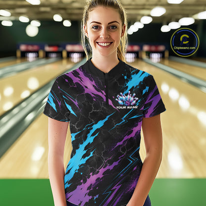 Custom Blue And Purple Lightning Bowling Women Quarter-Zip Shirt, Bowling League Shirt IPHW12038