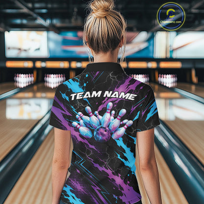Custom Blue And Purple Lightning Bowling Women Quarter-Zip Shirt, Bowling League Shirt IPHW12038