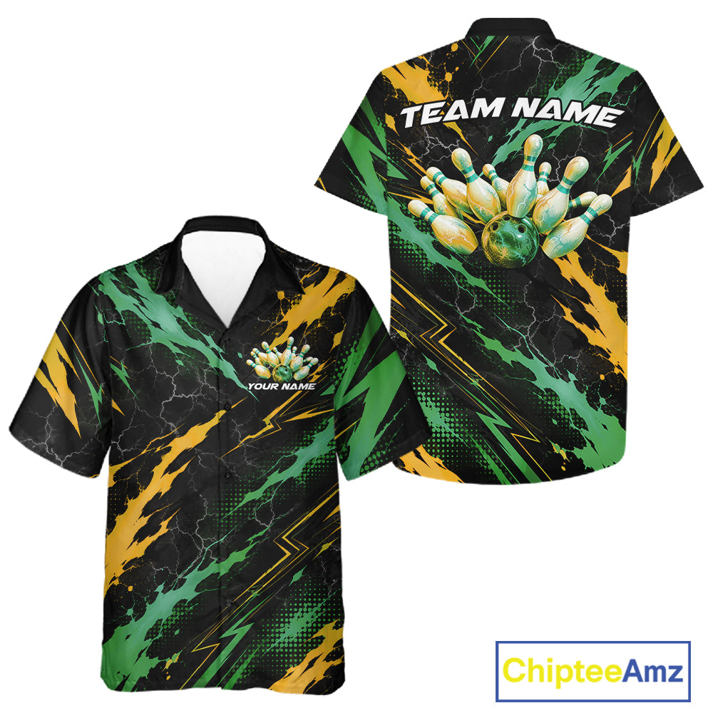 Custom Green And Yellow Lightning Bowling Men And Women Button Up Shirt, Bowling Team League Shirt IPHW12039
