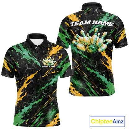 Custom Green And Yellow Lightning Bowling Men Polo Shirt, Bowling Team League Shirt IPHW12039