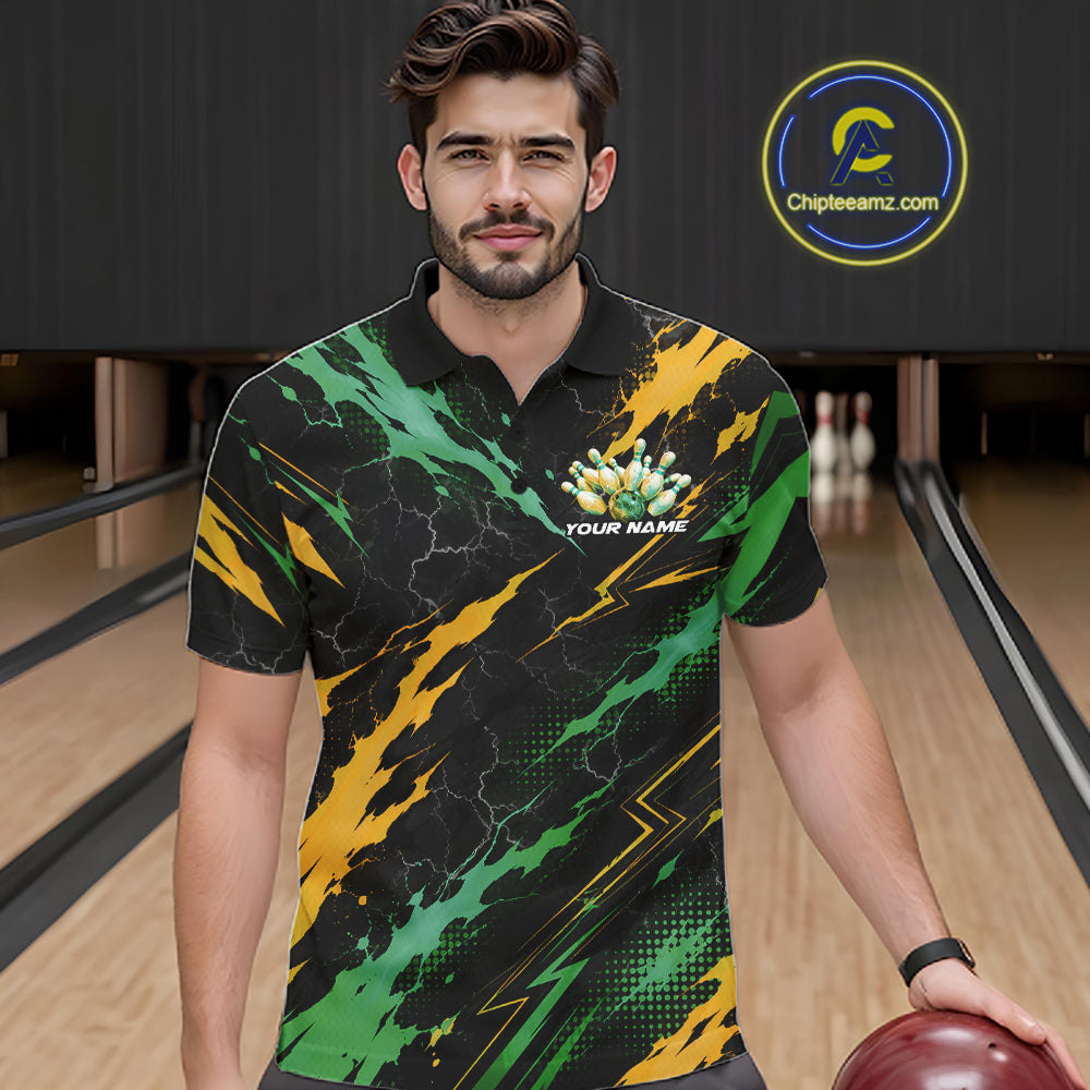 Custom Green And Yellow Lightning Bowling Men Polo Shirt, Bowling Team League Shirt IPHW12039