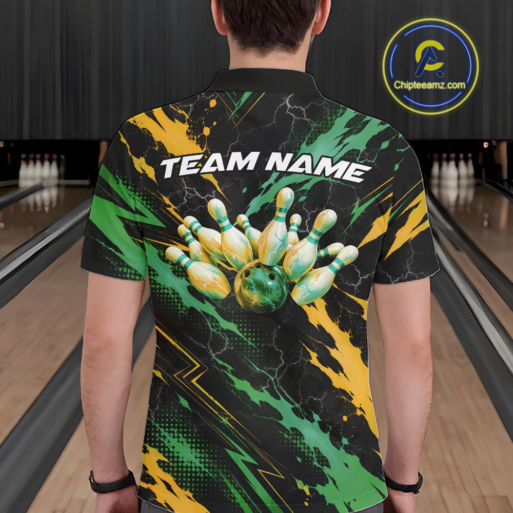 Custom Green And Yellow Lightning Bowling Men Polo Shirt, Bowling Team League Shirt IPHW12039