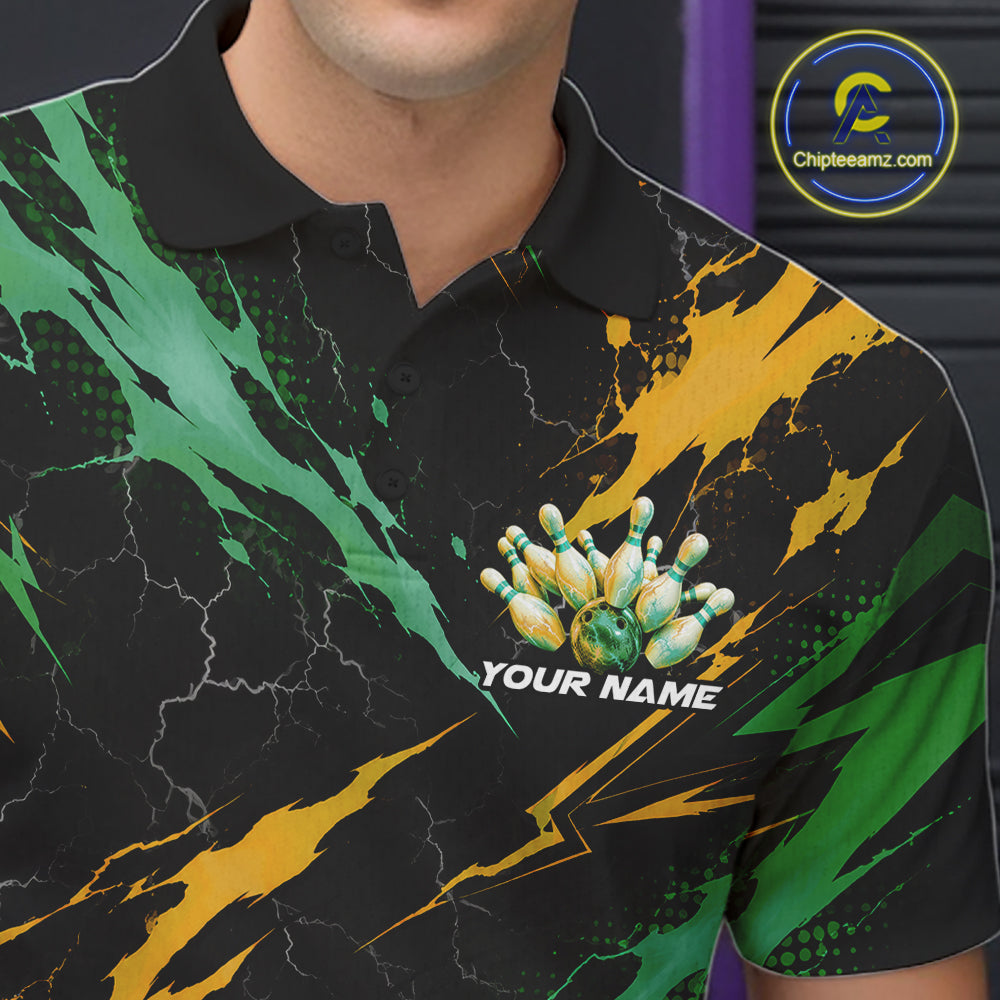 Custom Green And Yellow Lightning Bowling Men Polo Shirt, Bowling Team League Shirt IPHW12039