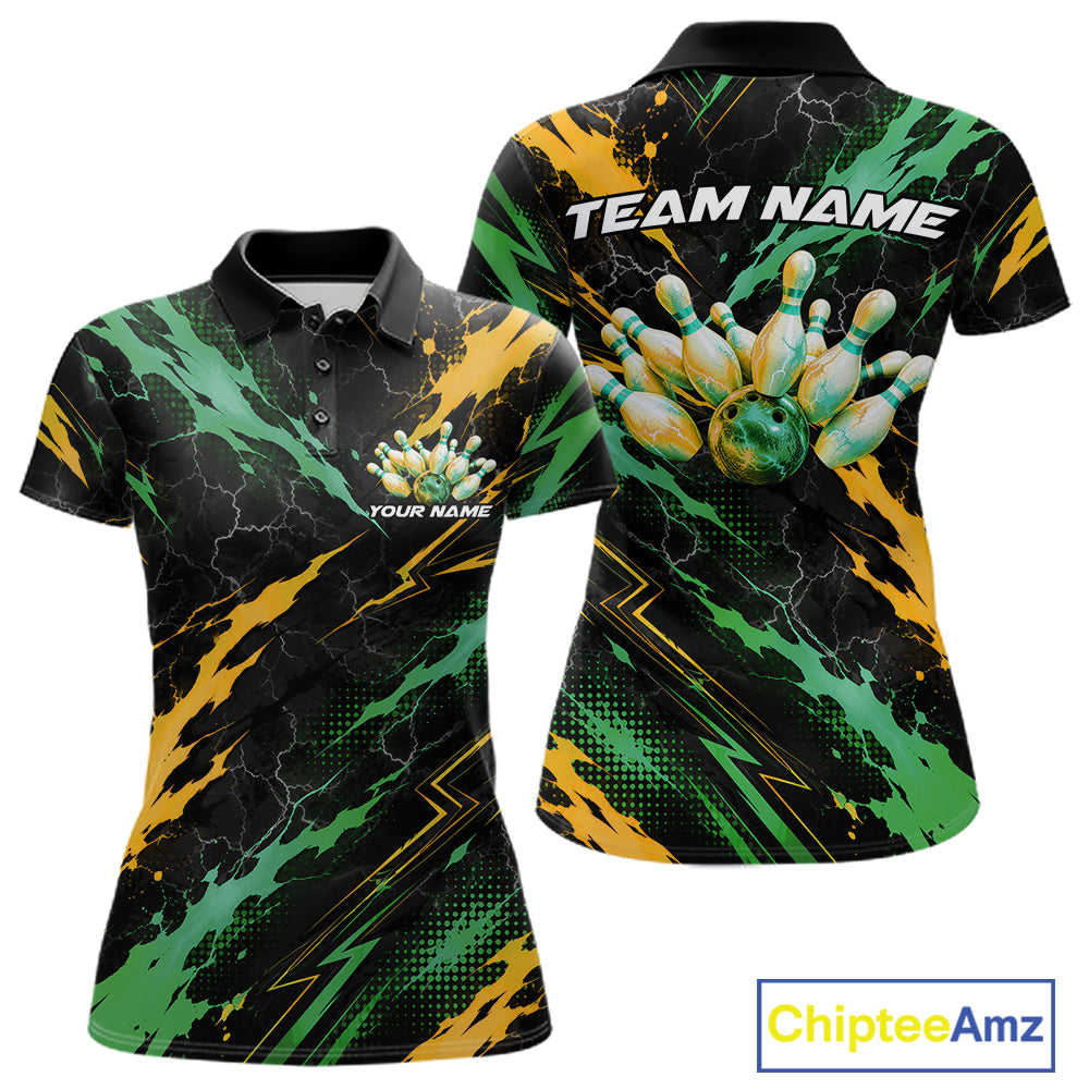 Custom Green And Yellow Lightning Bowling Women Polo Shirt, Bowling Team League Shirt IPHW12039