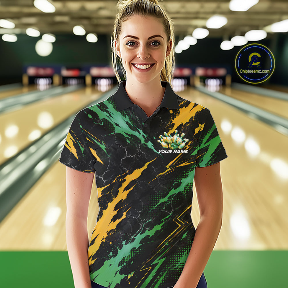 Custom Green And Yellow Lightning Bowling Women Polo Shirt, Bowling Team League Shirt IPHW12039