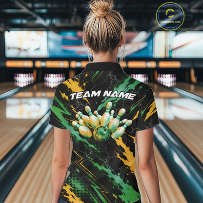 Custom Green And Yellow Lightning Bowling Women Polo Shirt, Bowling Team League Shirt IPHW12039