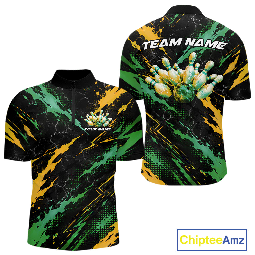 Custom Green And Yellow Lightning Bowling Men Quarter Zip Shirt, Bowling Team League Shirt IPHW12039