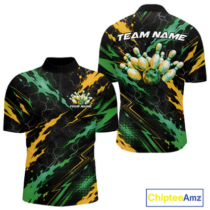 Custom Green And Yellow Lightning Bowling Men Quarter Zip Shirt, Bowling Team League Shirt IPHW12039