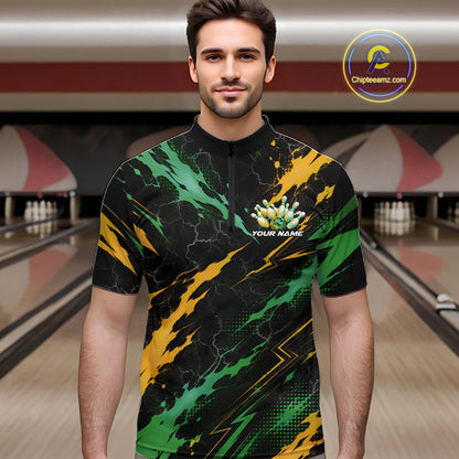 Custom Green And Yellow Lightning Bowling Men Quarter Zip Shirt, Bowling Team League Shirt IPHW12039