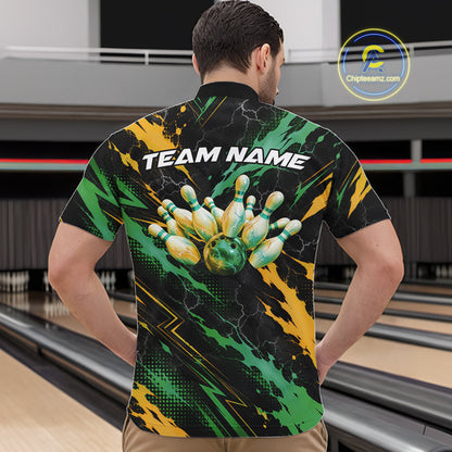 Custom Green And Yellow Lightning Bowling Men Quarter Zip Shirt, Bowling Team League Shirt IPHW12039