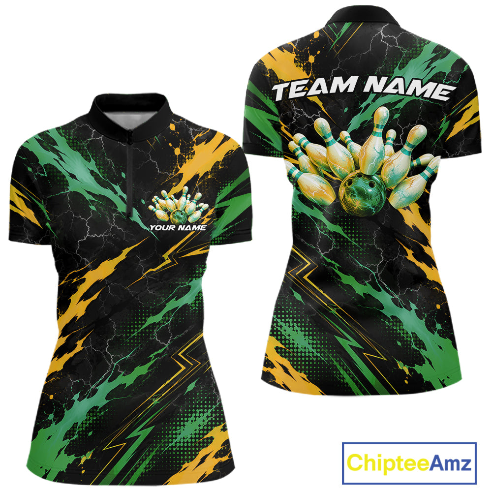 Custom Green And Yellow Lightning Bowling Women Quarter-Zip Shirt, Bowling League Shirt IPHW12039