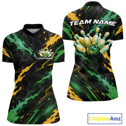 Custom Green And Yellow Lightning Bowling Women Quarter-Zip Shirt, Bowling League Shirt IPHW12039