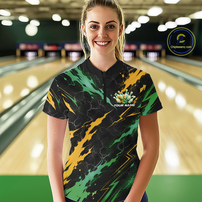 Custom Green And Yellow Lightning Bowling Women Quarter-Zip Shirt, Bowling League Shirt IPHW12039
