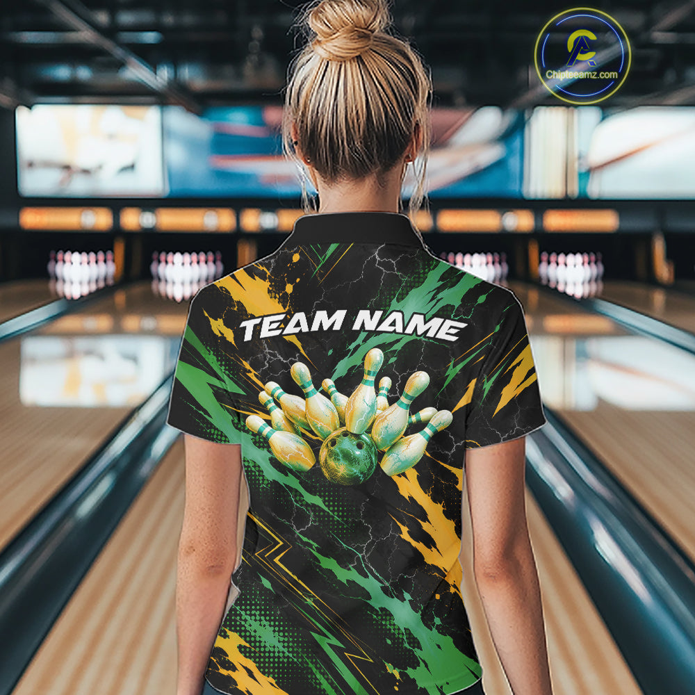 Custom Green And Yellow Lightning Bowling Women Quarter-Zip Shirt, Bowling League Shirt IPHW12039