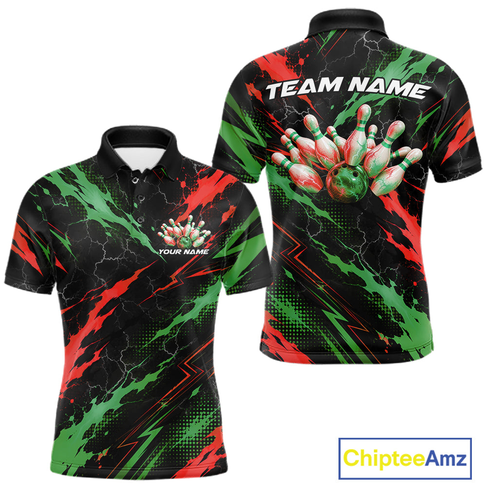 Custom Green And Red Lightning Bowling Men Polo Shirt, Bowling Team League Shirt IPHW12040