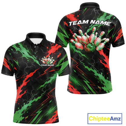 Custom Green And Red Lightning Bowling Men Polo Shirt, Bowling Team League Shirt IPHW12040