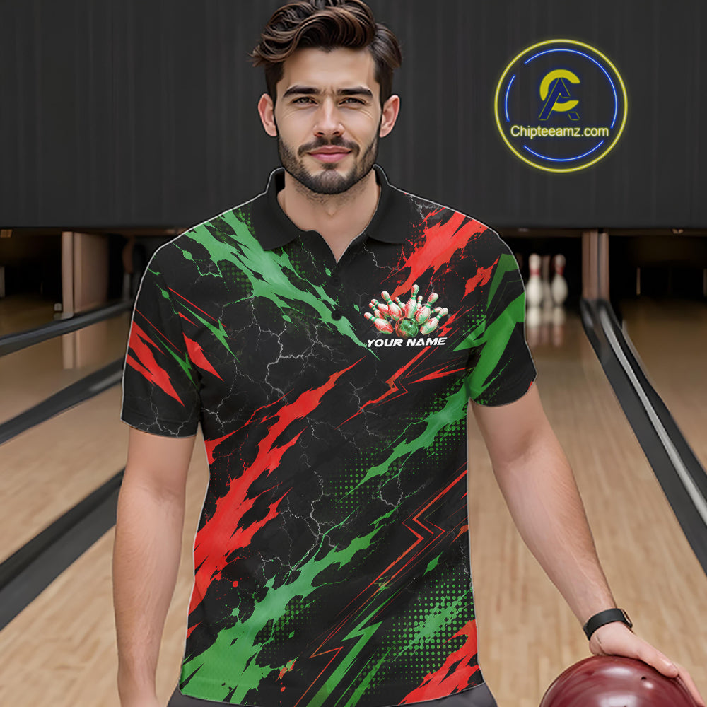 Custom Green And Red Lightning Bowling Men Polo Shirt, Bowling Team League Shirt IPHW12040