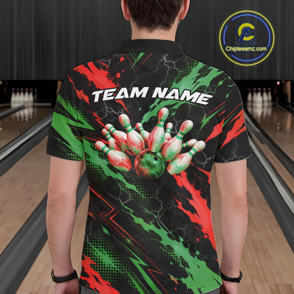 Custom Green And Red Lightning Bowling Men Polo Shirt, Bowling Team League Shirt IPHW12040