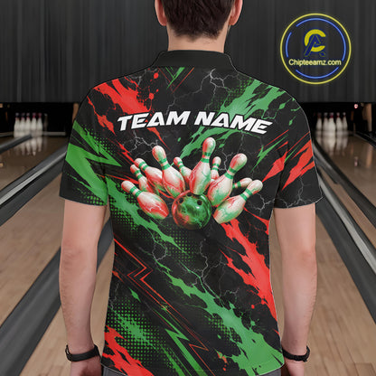 Custom Green And Red Lightning Bowling Men Polo Shirt, Bowling Team League Shirt IPHW12040