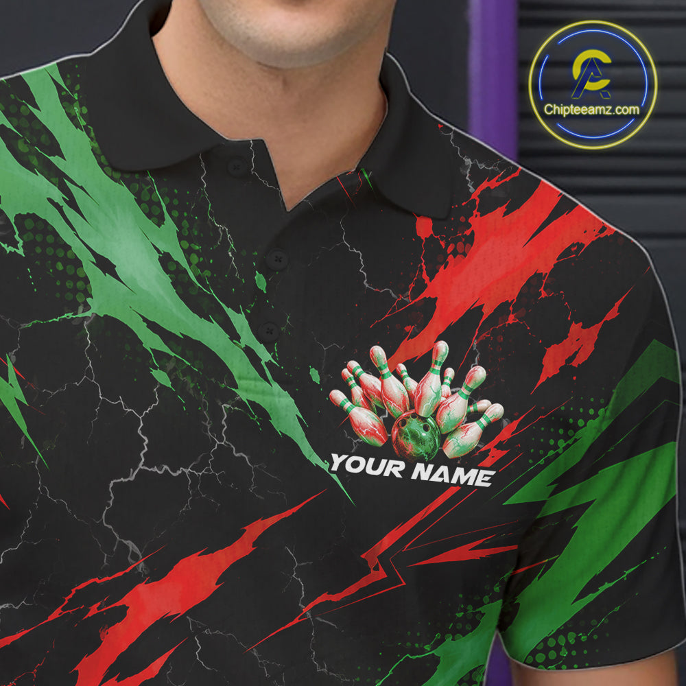 Custom Green And Red Lightning Bowling Men Polo Shirt, Bowling Team League Shirt IPHW12040
