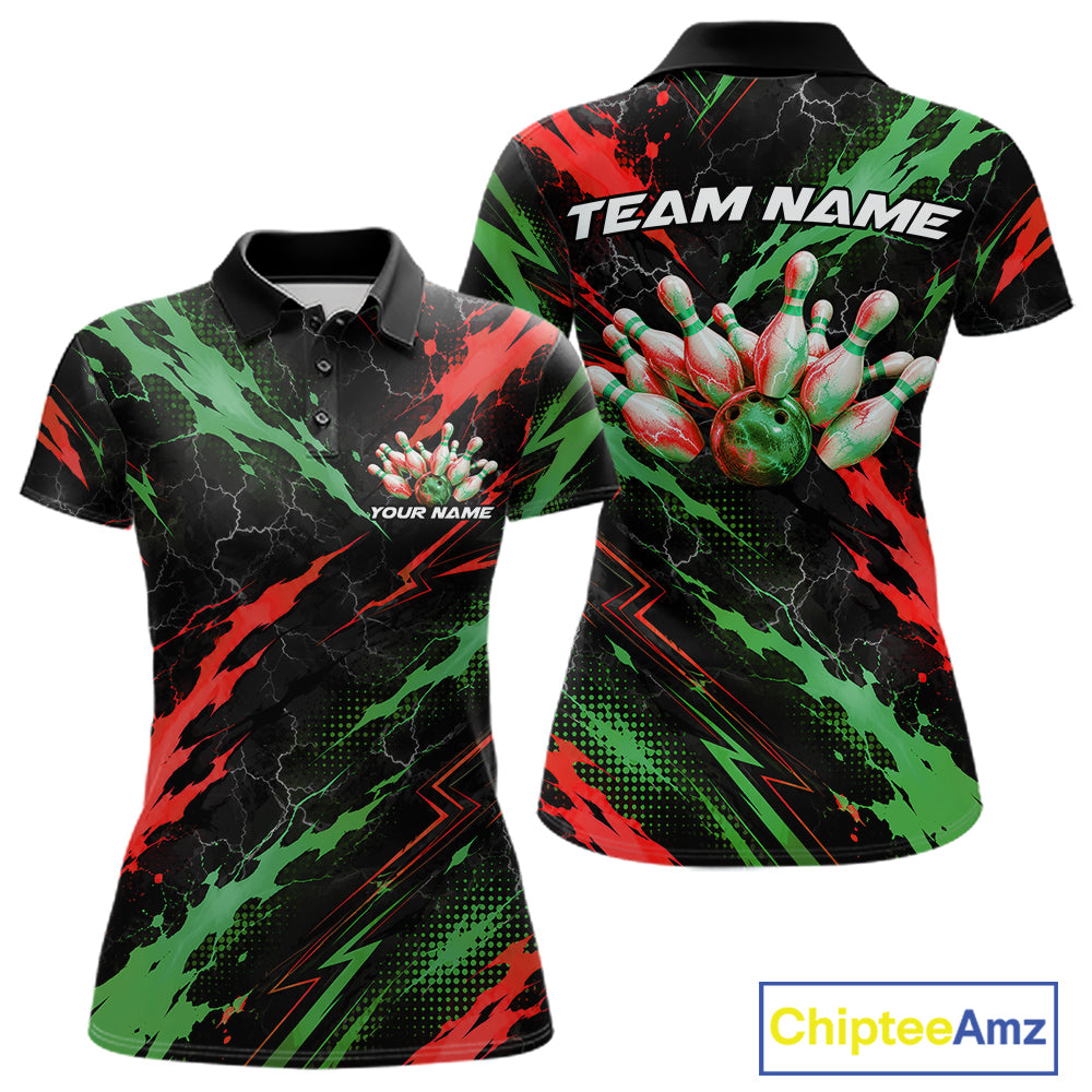 Custom Green And Red Lightning Bowling Women Polo Shirt, Bowling Team League Shirt IPHW12040