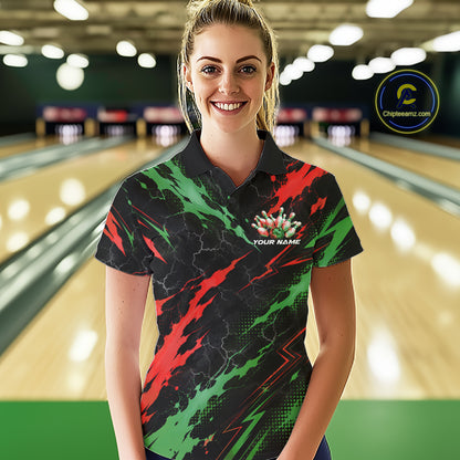 Custom Green And Red Lightning Bowling Women Polo Shirt, Bowling Team League Shirt IPHW12040