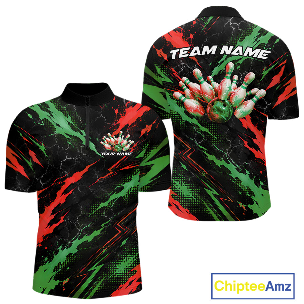 Custom Green And Red Lightning Bowling Men Quarter Zip Shirt, Bowling Team League Shirt IPHW12040