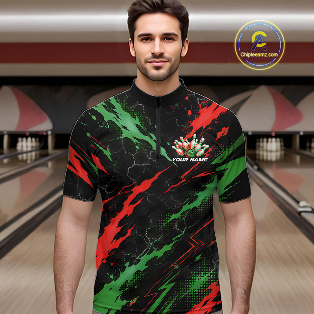 Custom Green And Red Lightning Bowling Men Quarter Zip Shirt, Bowling Team League Shirt IPHW12040