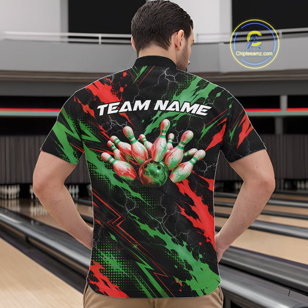 Custom Green And Red Lightning Bowling Men Quarter Zip Shirt, Bowling Team League Shirt IPHW12040