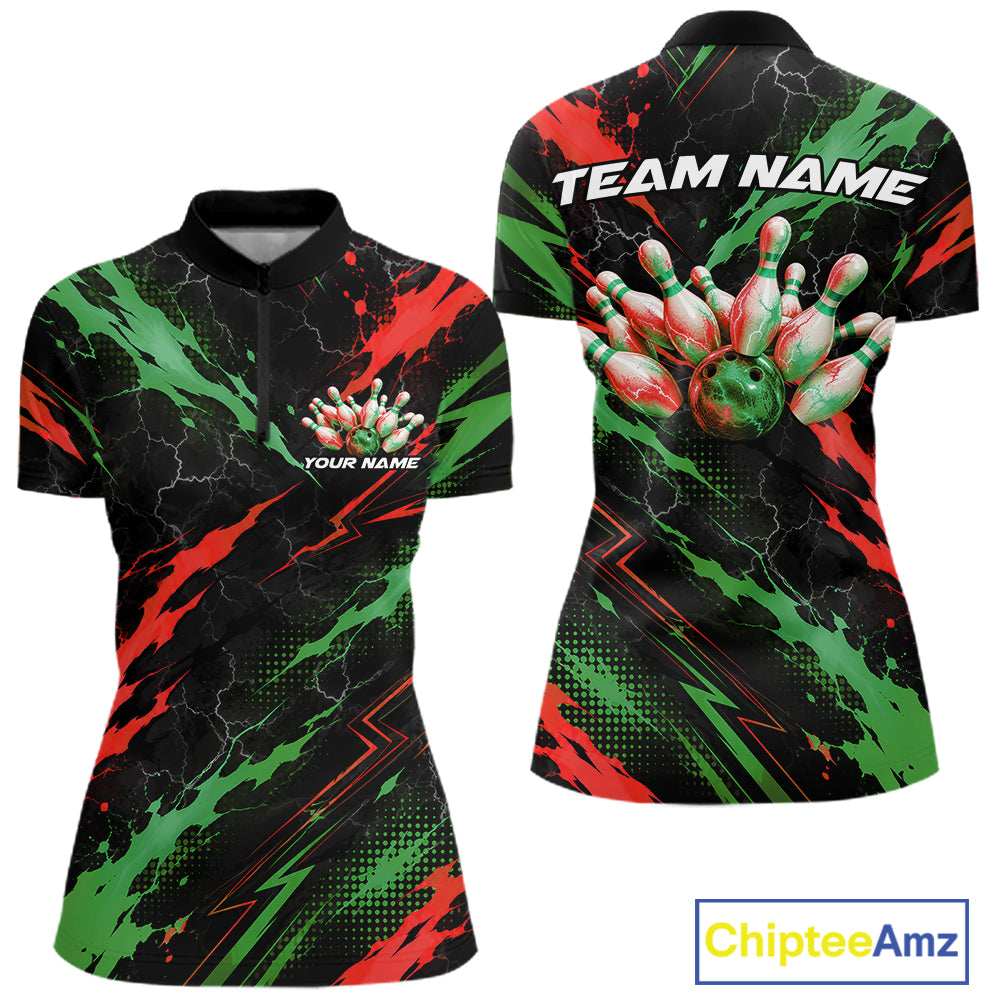 Custom Green And Red Lightning Bowling Women Quarter-Zip Shirt, Bowling League Shirt IPHW12040