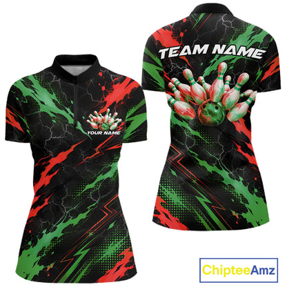 Custom Green And Red Lightning Bowling Women Quarter-Zip Shirt, Bowling League Shirt IPHW12040