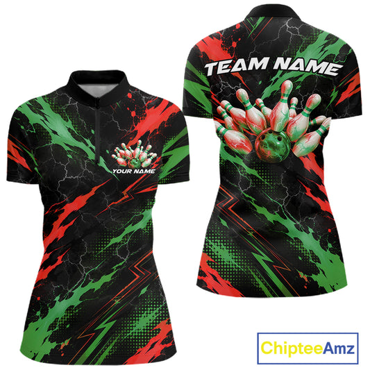 Custom Green And Red Lightning Bowling Women Quarter-Zip Shirt, Bowling League Shirt IPHW12040