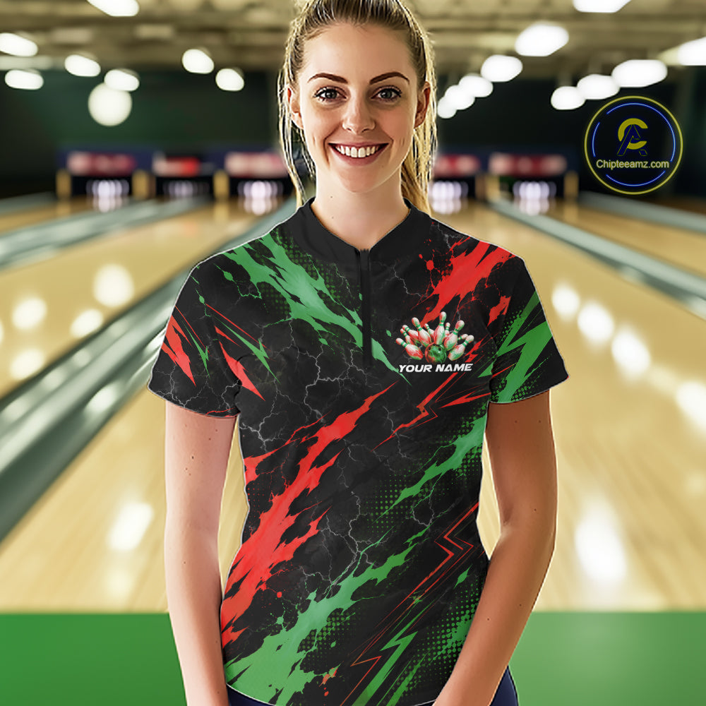 Custom Green And Red Lightning Bowling Women Quarter-Zip Shirt, Bowling League Shirt IPHW12040