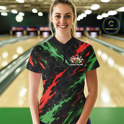 Custom Green And Red Lightning Bowling Women Quarter-Zip Shirt, Bowling League Shirt IPHW12040