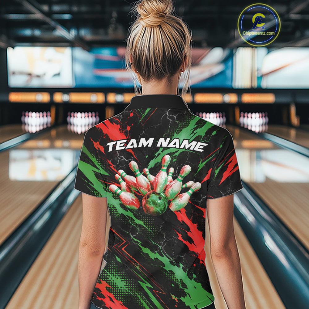 Custom Green And Red Lightning Bowling Women Quarter-Zip Shirt, Bowling League Shirt IPHW12040