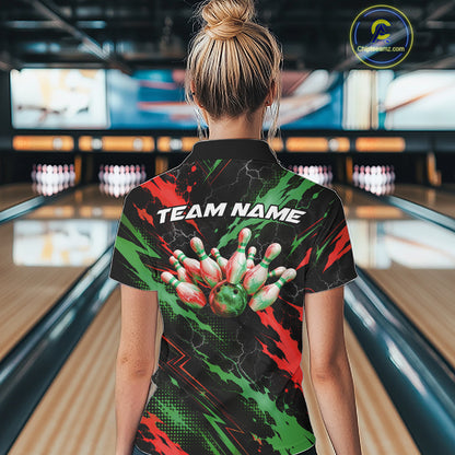 Custom Green And Red Lightning Bowling Women Quarter-Zip Shirt, Bowling League Shirt IPHW12040