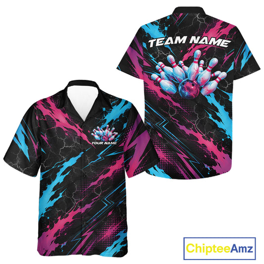 Custom Blue And Pink Lightning Bowling Men And Women Button Up Shirt, Bowling Team League Shirt IPHW12041