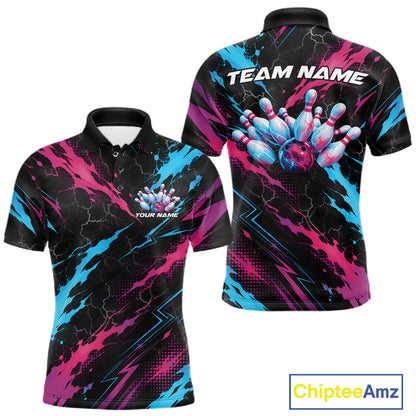 Custom Blue And Pink Lightning Bowling Men Polo Shirt, Bowling Team League Shirt IPHW12041