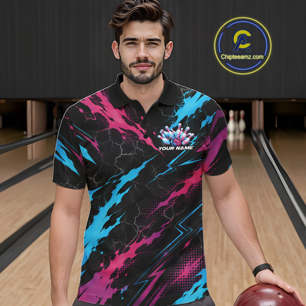 Custom Blue And Pink Lightning Bowling Men Polo Shirt, Bowling Team League Shirt IPHW12041