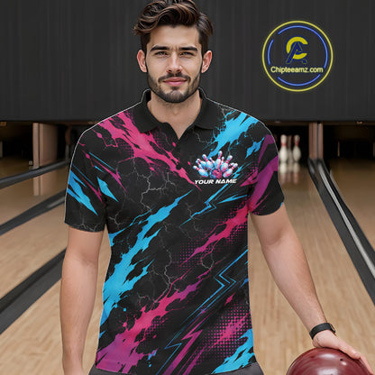 Custom Blue And Pink Lightning Bowling Men Polo Shirt, Bowling Team League Shirt IPHW12041