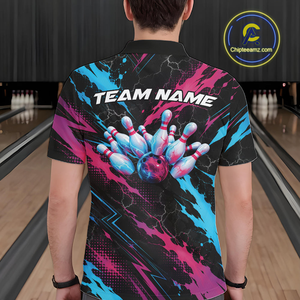 Custom Blue And Pink Lightning Bowling Men Polo Shirt, Bowling Team League Shirt IPHW12041