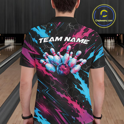 Custom Blue And Pink Lightning Bowling Men Polo Shirt, Bowling Team League Shirt IPHW12041