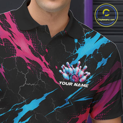 Custom Blue And Pink Lightning Bowling Men Polo Shirt, Bowling Team League Shirt IPHW12041