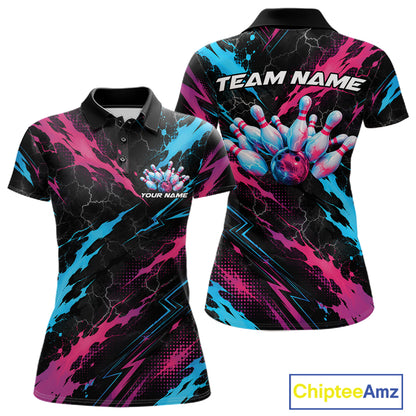 Custom Blue And Pink Lightning Bowling Women Polo Shirt, Bowling Team League Shirt IPHW12041